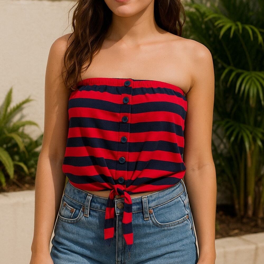 Y2K Charlotte Russe Tube Top - Red & Navy - Size Medium Vintage Beach Summer
